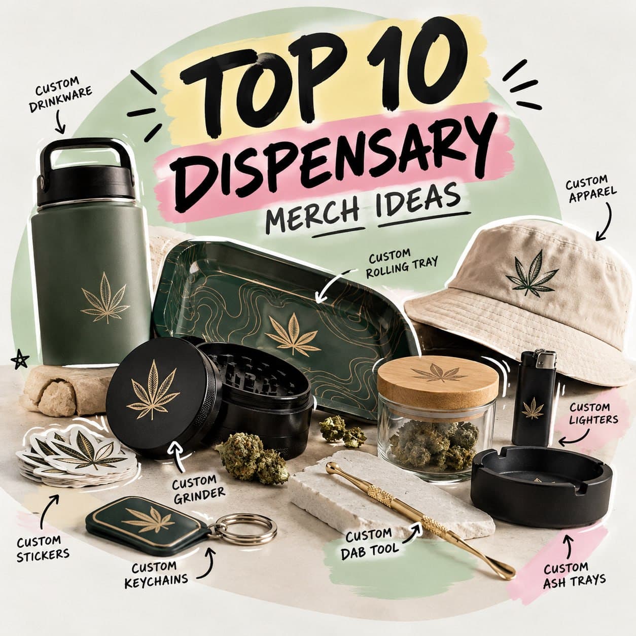 Top 10 dispensary merch ideas: custom grinder, rolling tray, lighter, dab tool and stickers with gold cannabis leaf branding