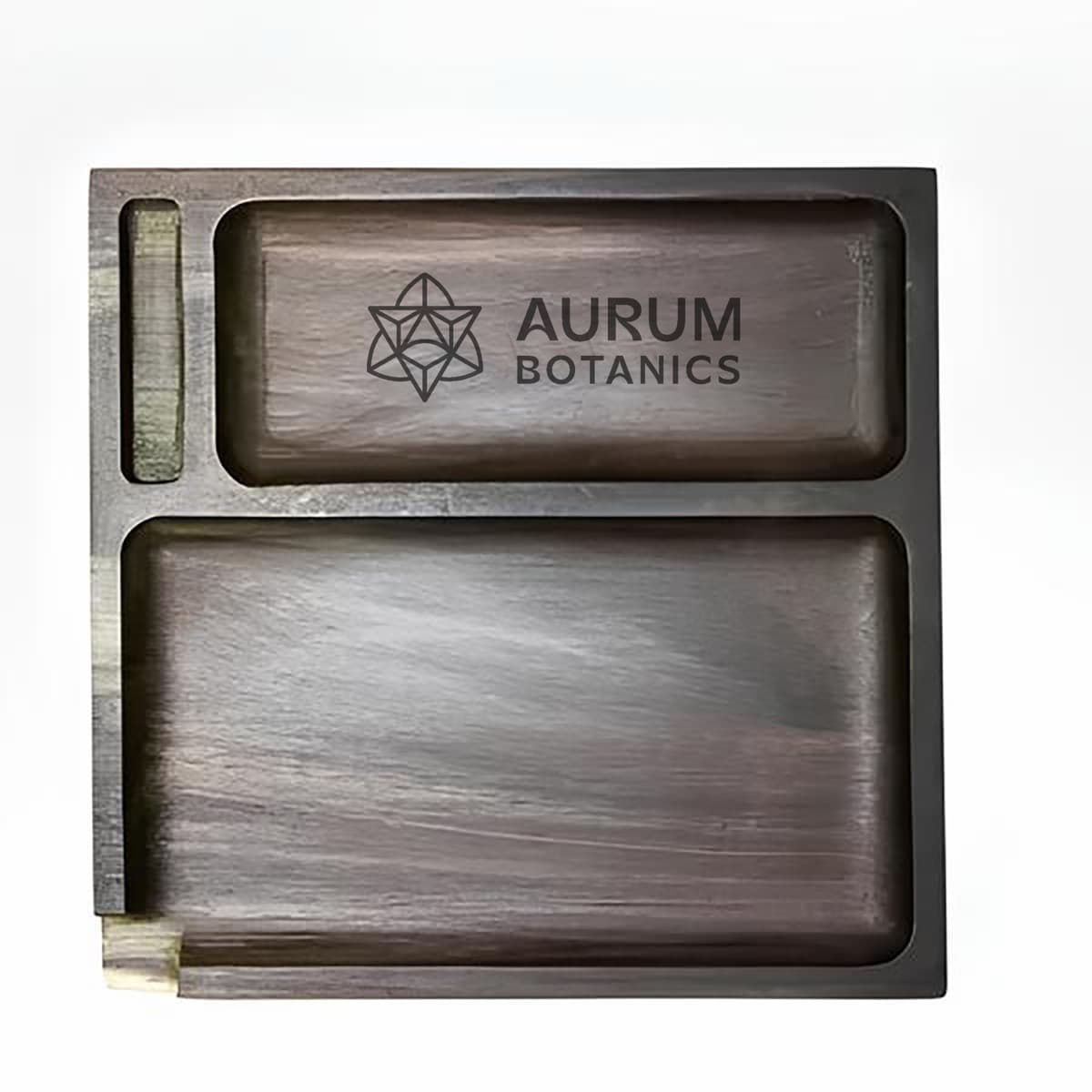 Dark hardwood rolling tray with machined pockets and an engraved Aurum Botanics logo
