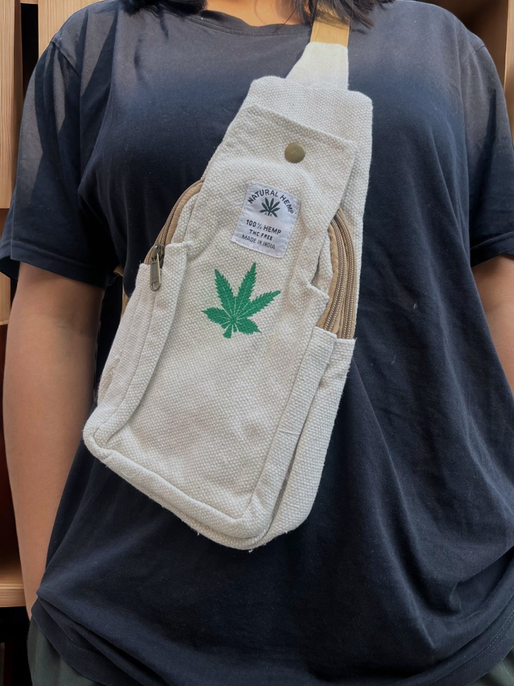 Hemp chest sling bag with leaf print